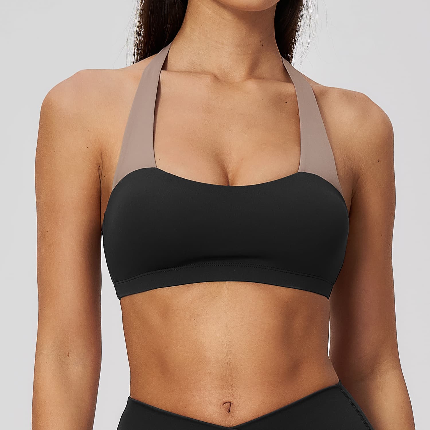 Womens Halter Neck Color Block Cross Back Sports Bra