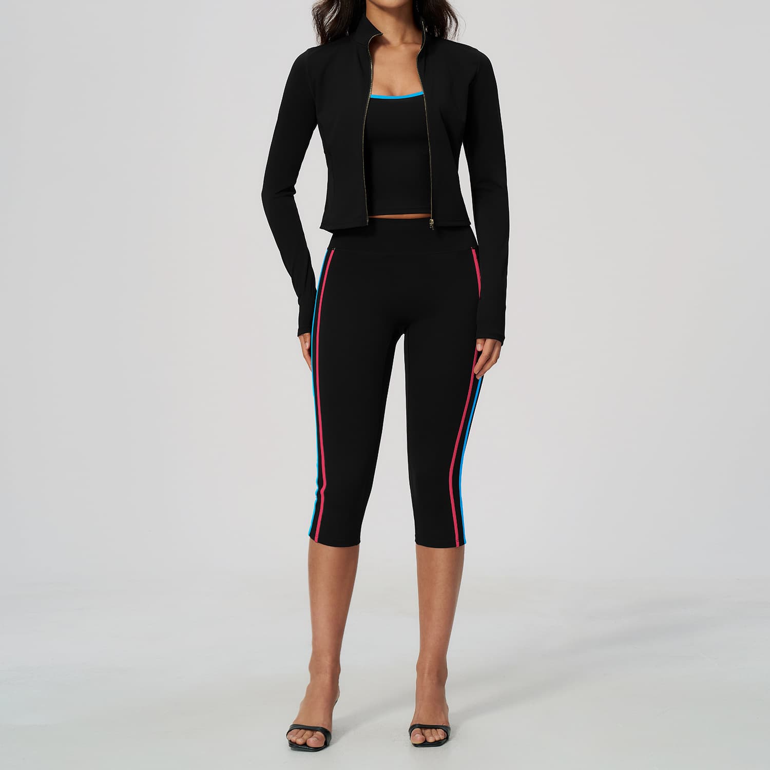 Womens Sports Jacket Vest Capri Leggings Three Piece Activewear Set